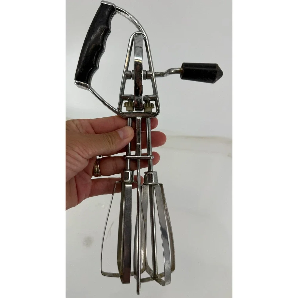 Vtg Stainless Steel Japan Hand Crank Egg Beater Dual Mixer Black Handle Kitchen